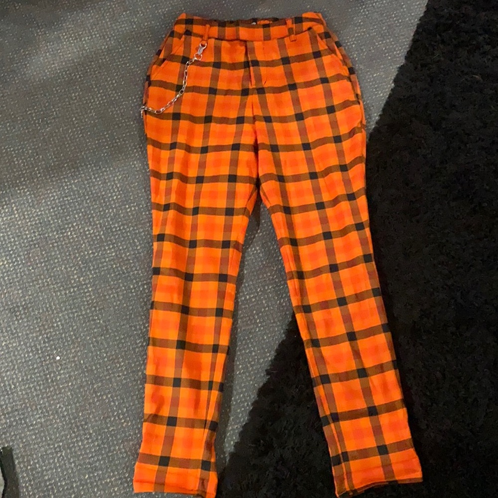 Orange plaid pants with waist chain